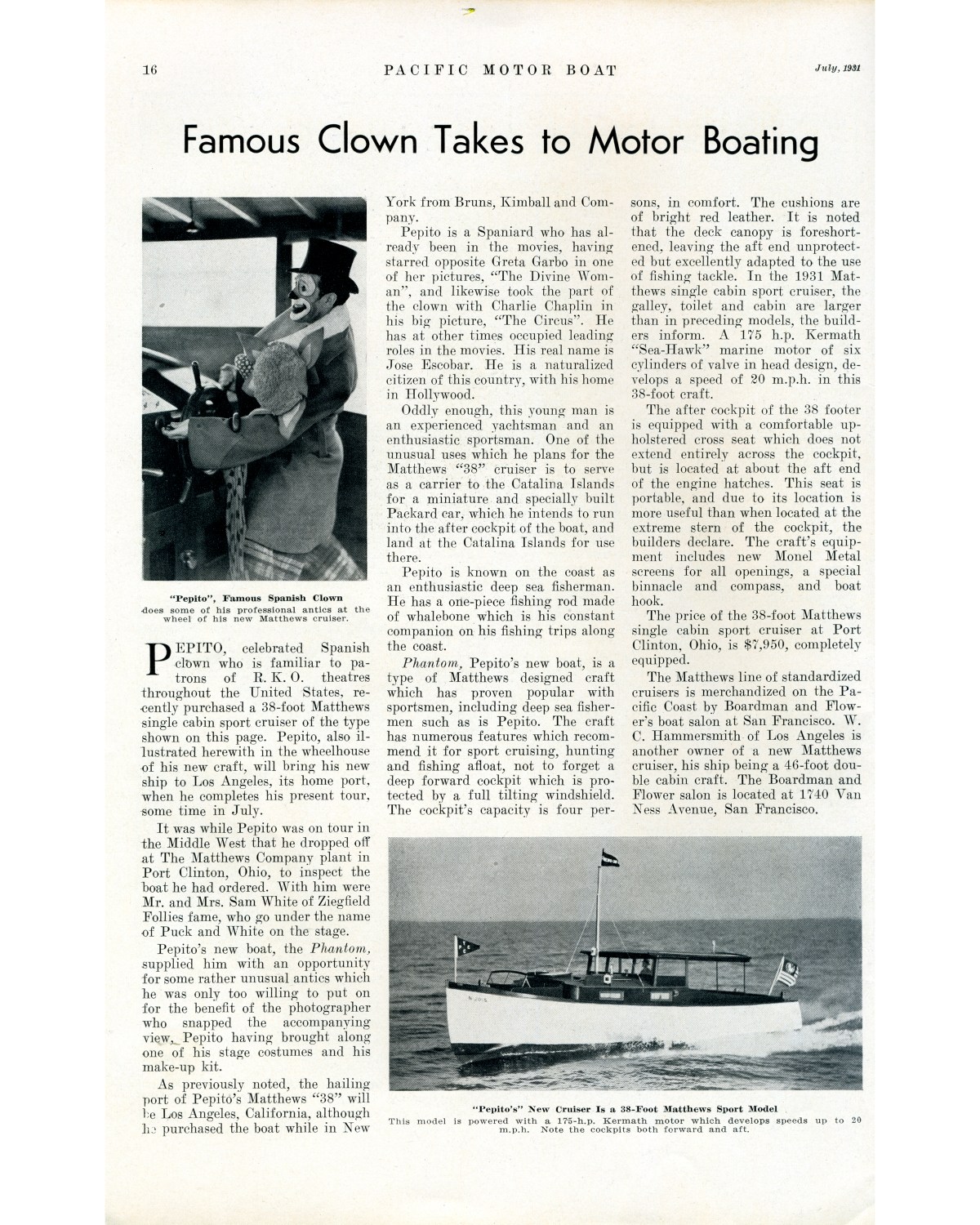Pacific Motor Boat Magazine: Famous Clown Pepito Takes to Motor Boating In Matthews 38 Sport Cruiser&nbsp;(1931)