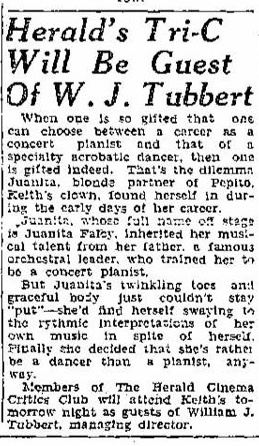 Syracuse Herald:  Juanita Falcy’s Dilemma, Concert Pianist or Acrobatic Dancer?&nbsp;(1931)