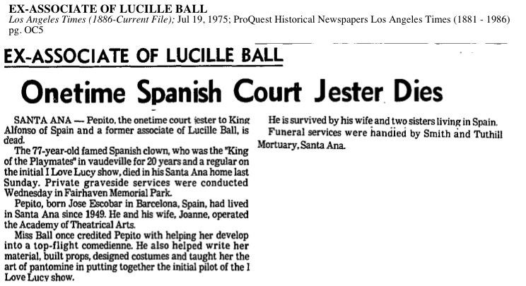 Los Angeles Times: Ex-Associate of Lucille Ball, Onetime Spanish Court Jester Dies (1975)